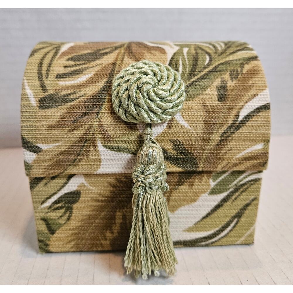 Palm Leaf Fabric Covered 5x5 Box Rounded Top Knotted tassel Jennifer Taylor